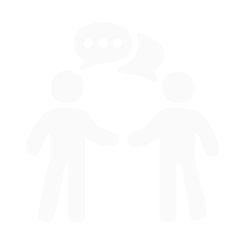 Two simplified human figures shaking hands with speech bubbles above them, representing communication or conversation.